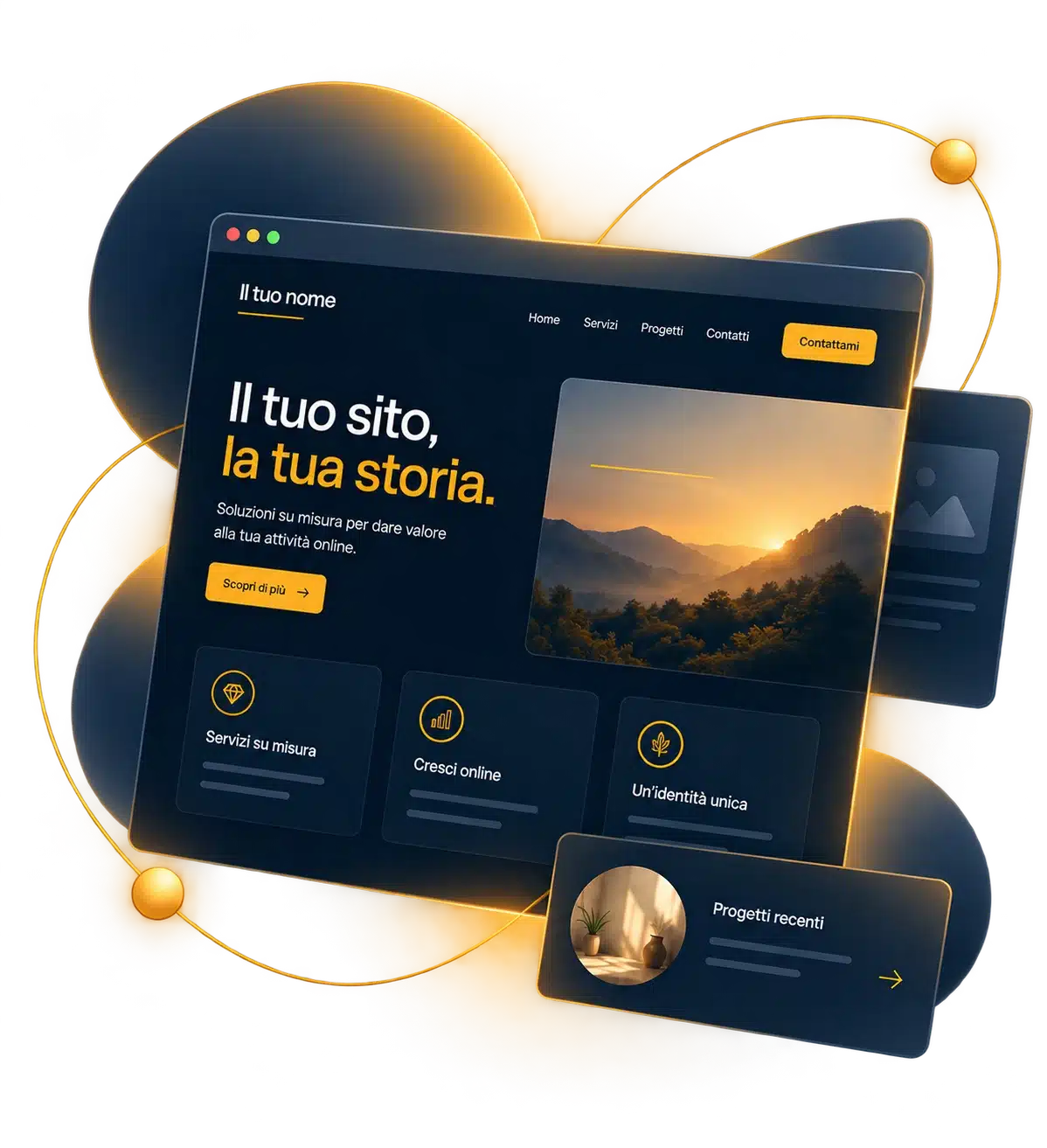 Mockup di un sito personalizzato in ardesia e ambra, con la scritta Il tuo sito, la tua storia