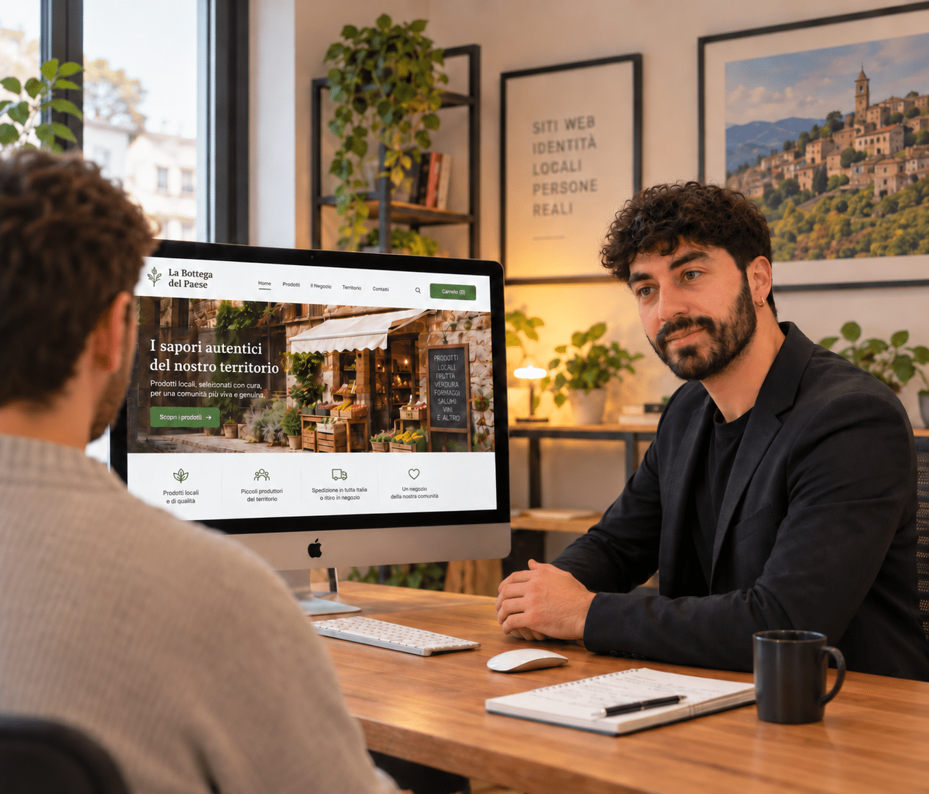 gianpiero sportelli mostra il risultato del nuovo sito al cliente