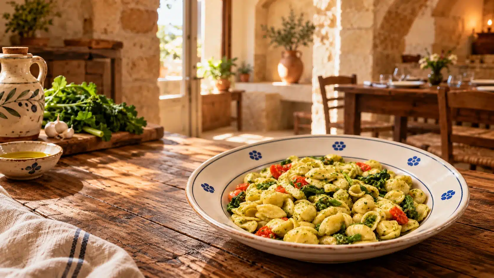 Orecchiette con cime di rapa su una tavola rustica, immagine illustrativa